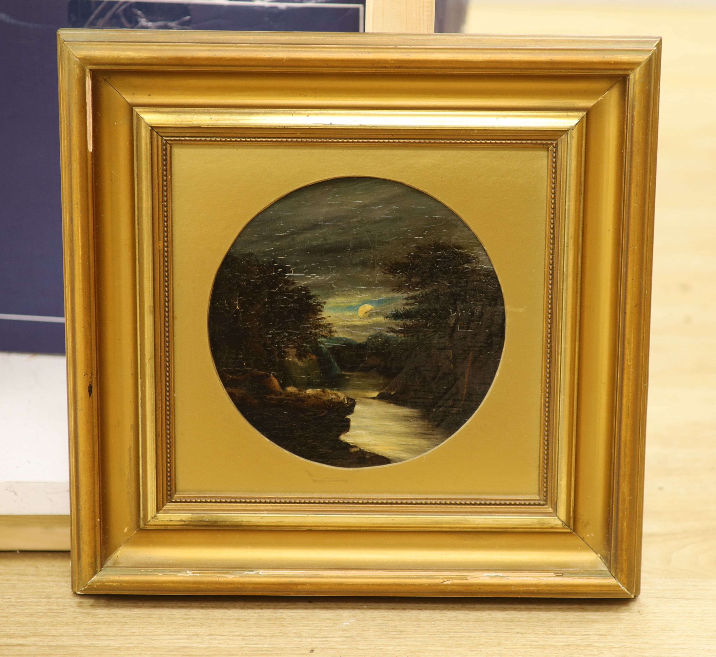 Victorian School, oil on canvas, Moonlit river landscape, framed tondo, 19cm